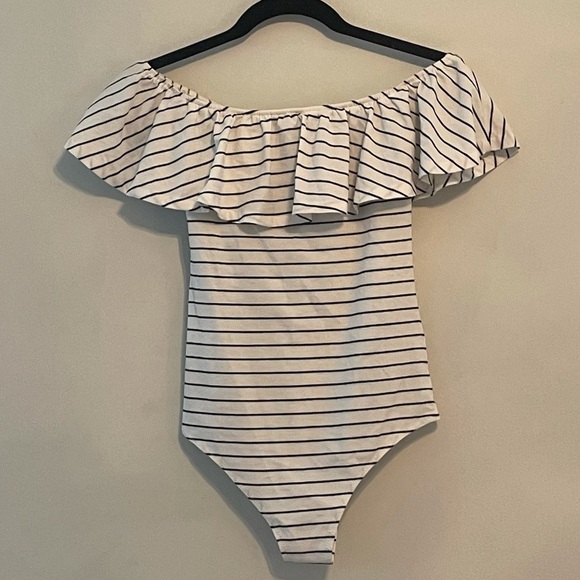J. Crew Black and White Striped Off the Shoulder Ruffled Bodysuit - Picture 2 of 10